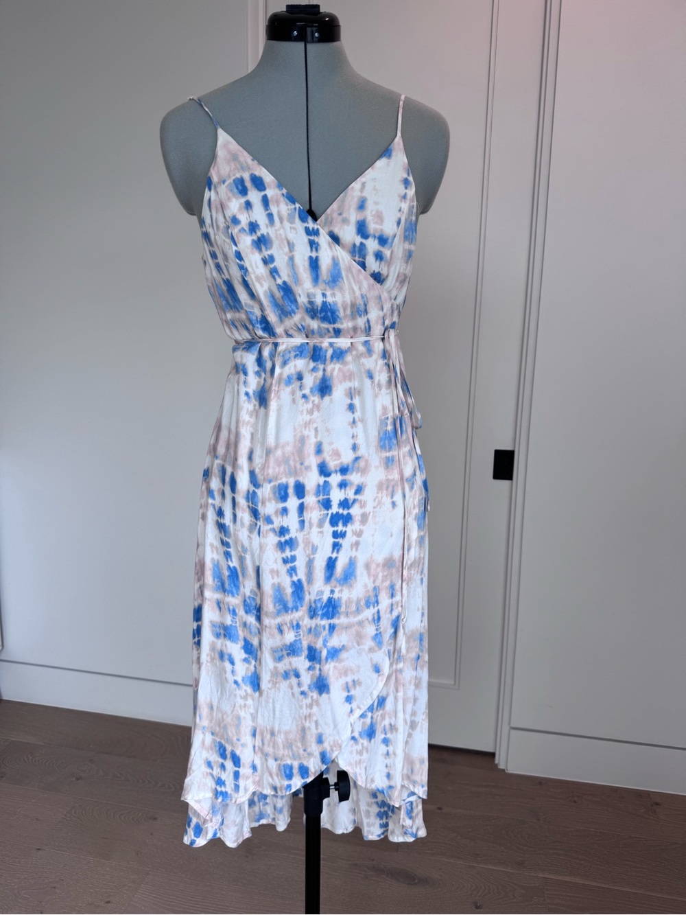 Blue & Cream Tie-Dye Wrap High-Low Dress